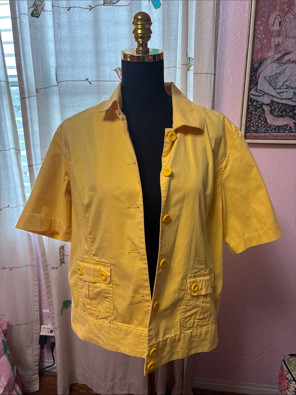 Chico's Short-Sleeve Yellow Button Front Jacket